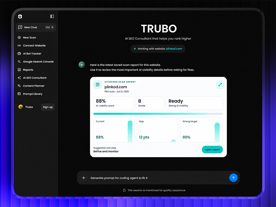 TruboRankAI AI SEO Consultant chat workspace